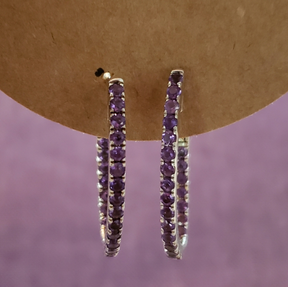 Genuine Amethyst and Sterling Earrings, Oval Hoops, Unused